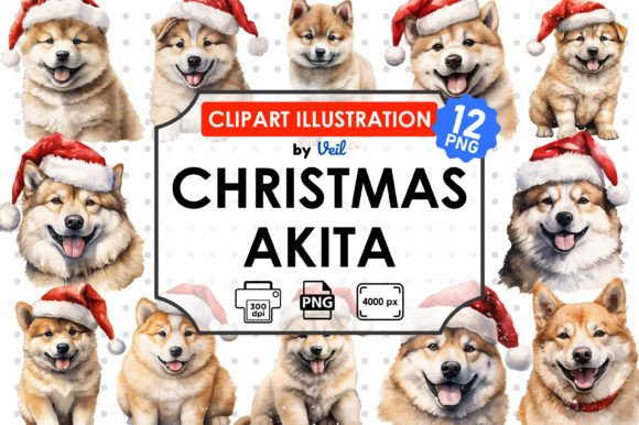 Christmas Akita Clipart Sublimation Illustrations