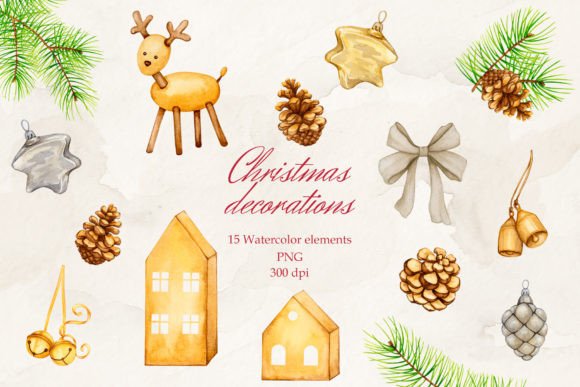 Christmas Decorations Watercolor PNG for Illustrations
