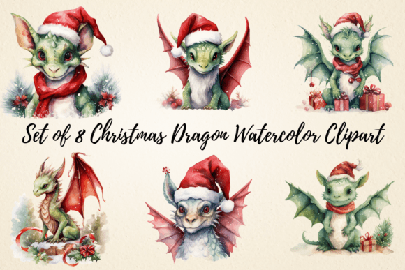 Christmas Dragon Watercolor Clipart for Illustrations