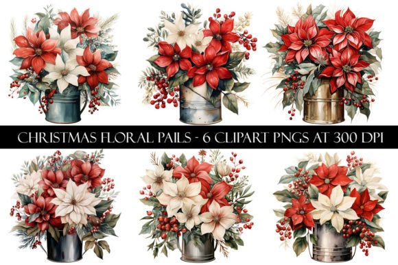 Christmas Floral Pail Clipart: Illustrations
