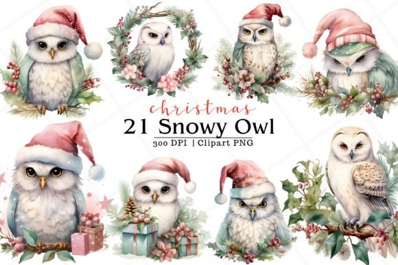 Christmas Owl Watercolor Clipart for Illustrations