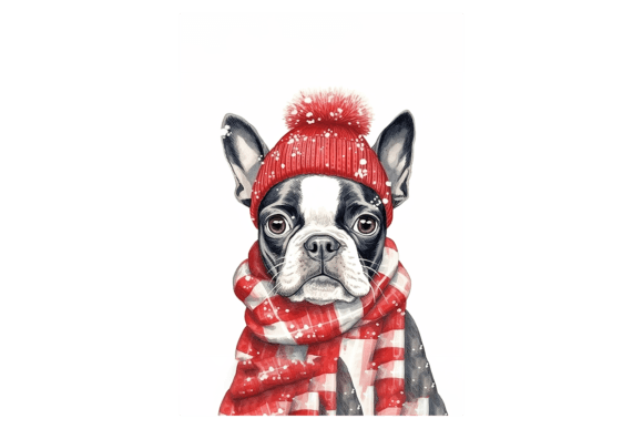 Cute Boston Terrier Christmas Card Illustrations