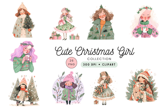 Cute Christmas Girl Clipart: Festive Illustrations