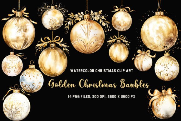 Golden Christmas Baubles Watercolor PNG Illustrations