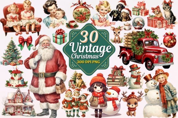 Vintage Christmas Watercolor Clipart PNG Illustrations