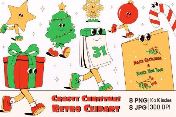 Y2k Groovy Christmas Clipart & Illustrations